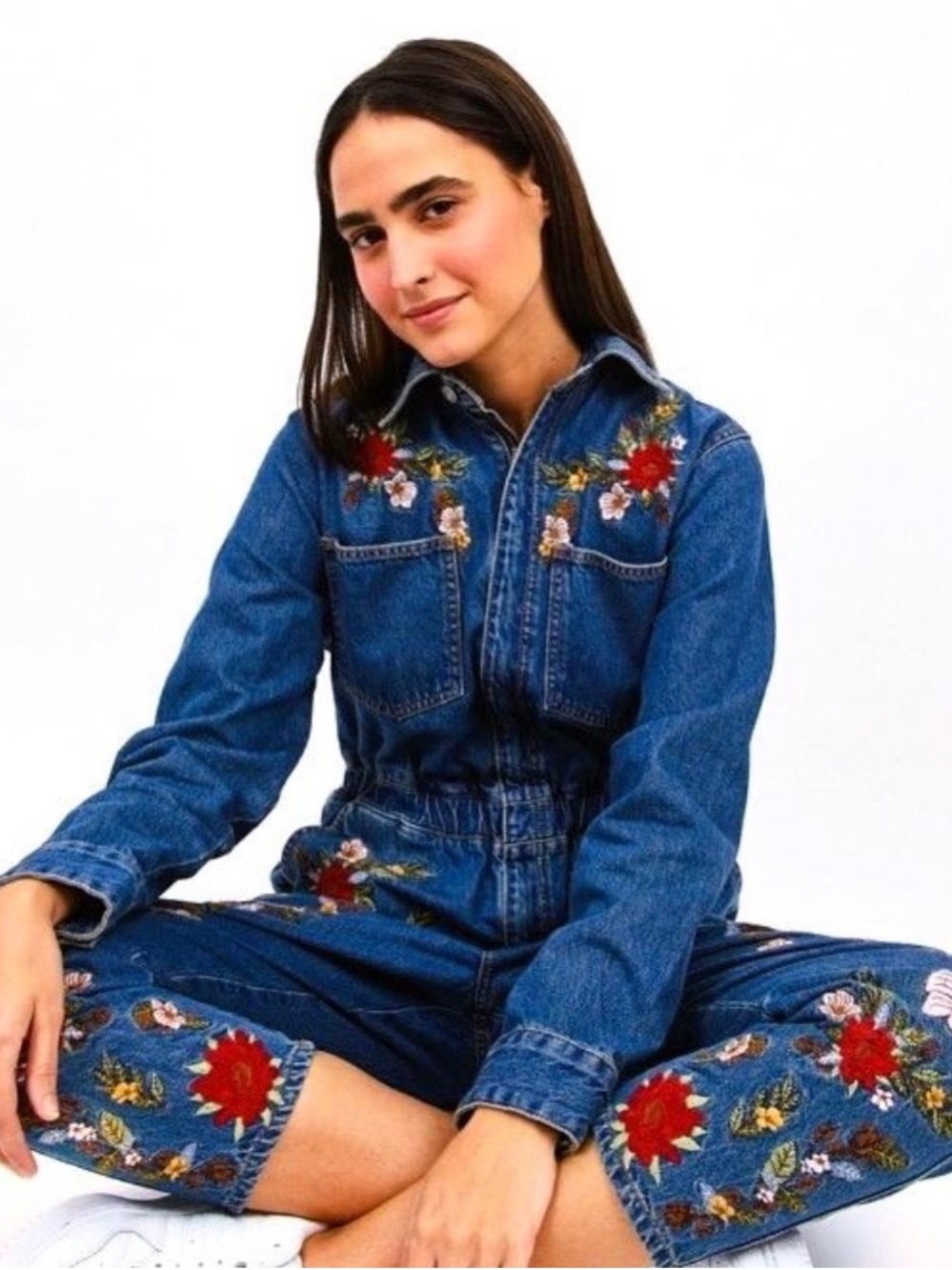 Farm Rio Embroidered Floral Denim Jumpsuit Size Small Boho Chic